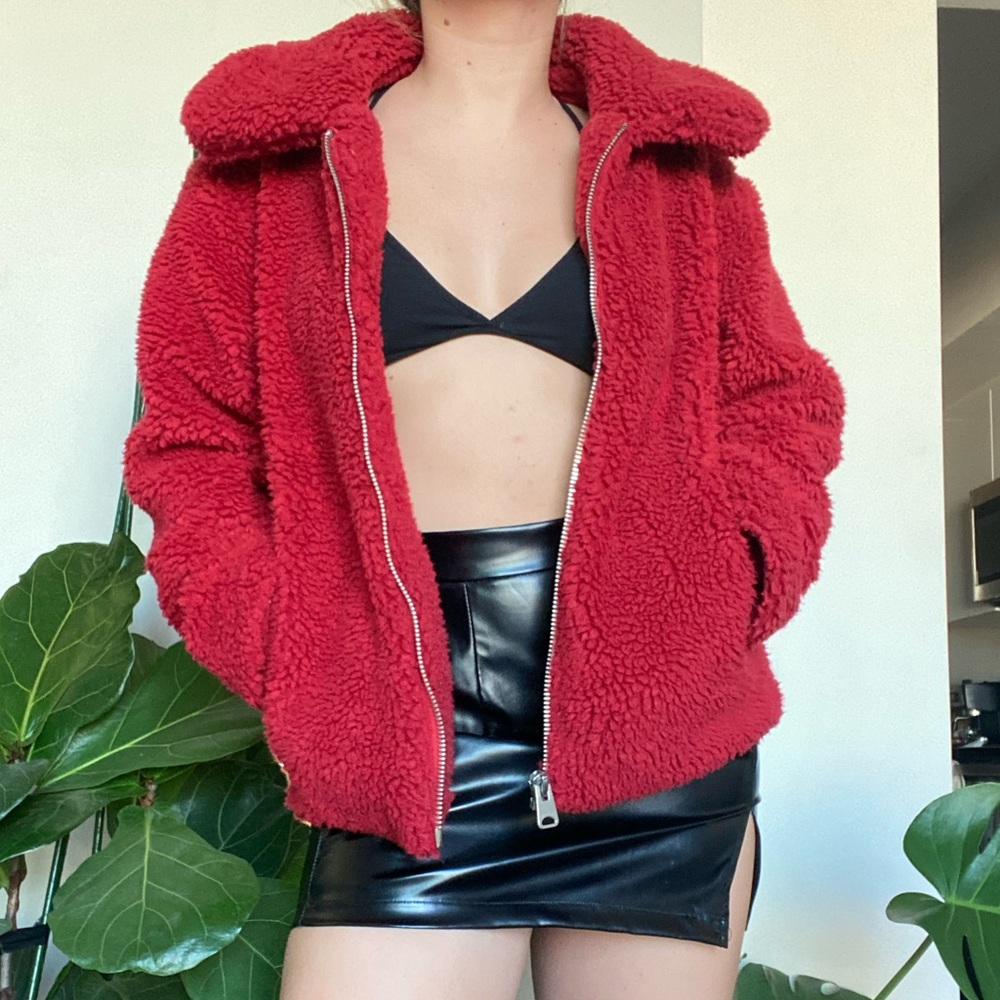 UO Red teddy fleece shacket